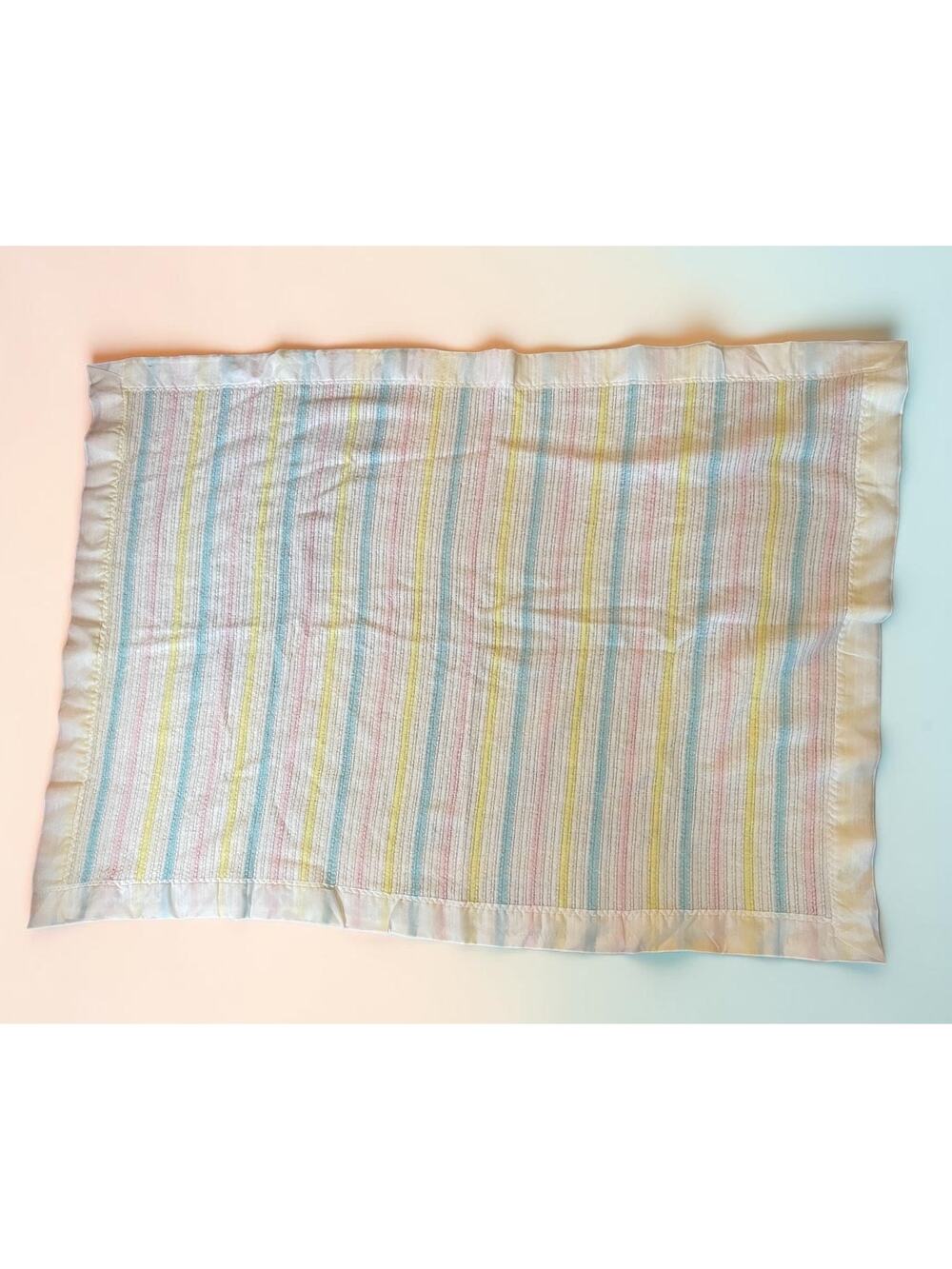 VTG Curity Pastel Plaid Baby Blanket Blue Pink Yellow Nylon Trim Unisex 36"x50"